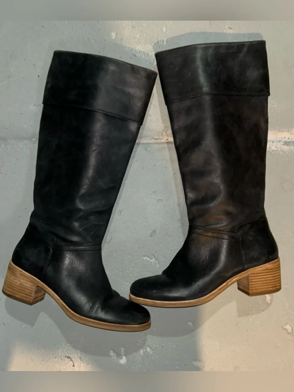 UGG Black Leather Over-the-Knee Boots with Tan Stacked Heel